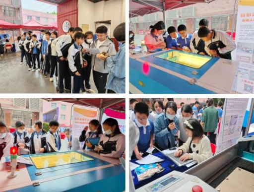 展位前排起長(zhǎng)長(zhǎng)的隊(duì)伍，同學(xué)們對(duì)激光造物和開源機(jī)器人產(chǎn)生了濃厚的興趣。